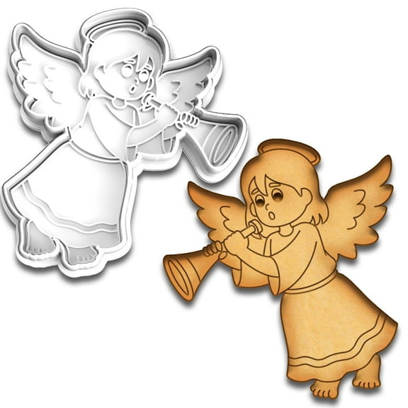 Angel with Halo Playing Trumpet Cookie Cutter & Stamp - 4.25x3.83 Inches, Holiday and Festive Baking Design