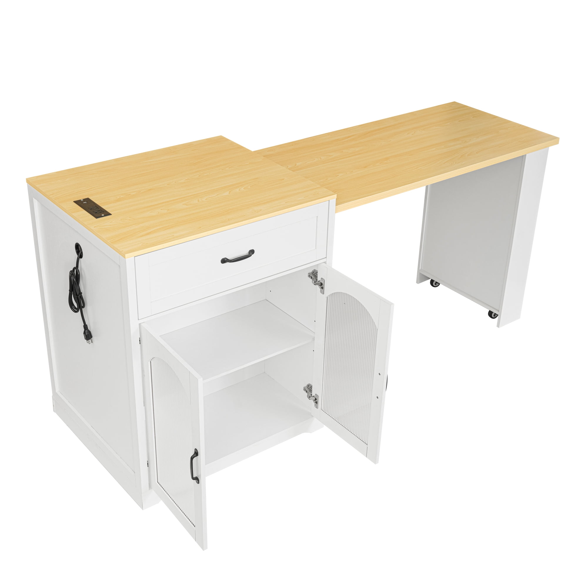 Noble House Extendable Counter Table with Wheels & Power Outlet,White+Natural
