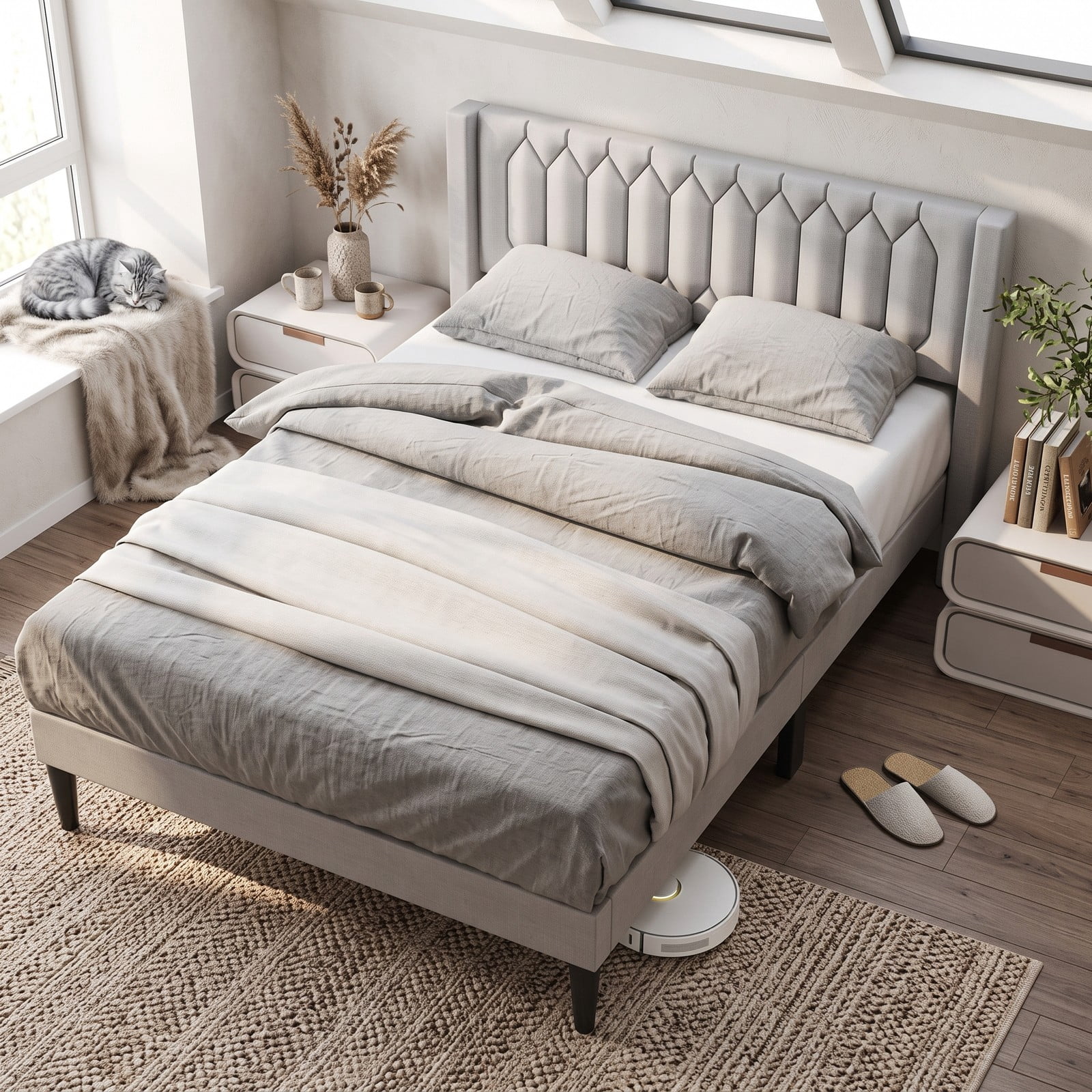 Furnibear Queen Bed Frame Velvet Upholstered Platform Bed with Wingback Headboard and Wood Slat Support, No Box Spring Needed, BeigeBeige