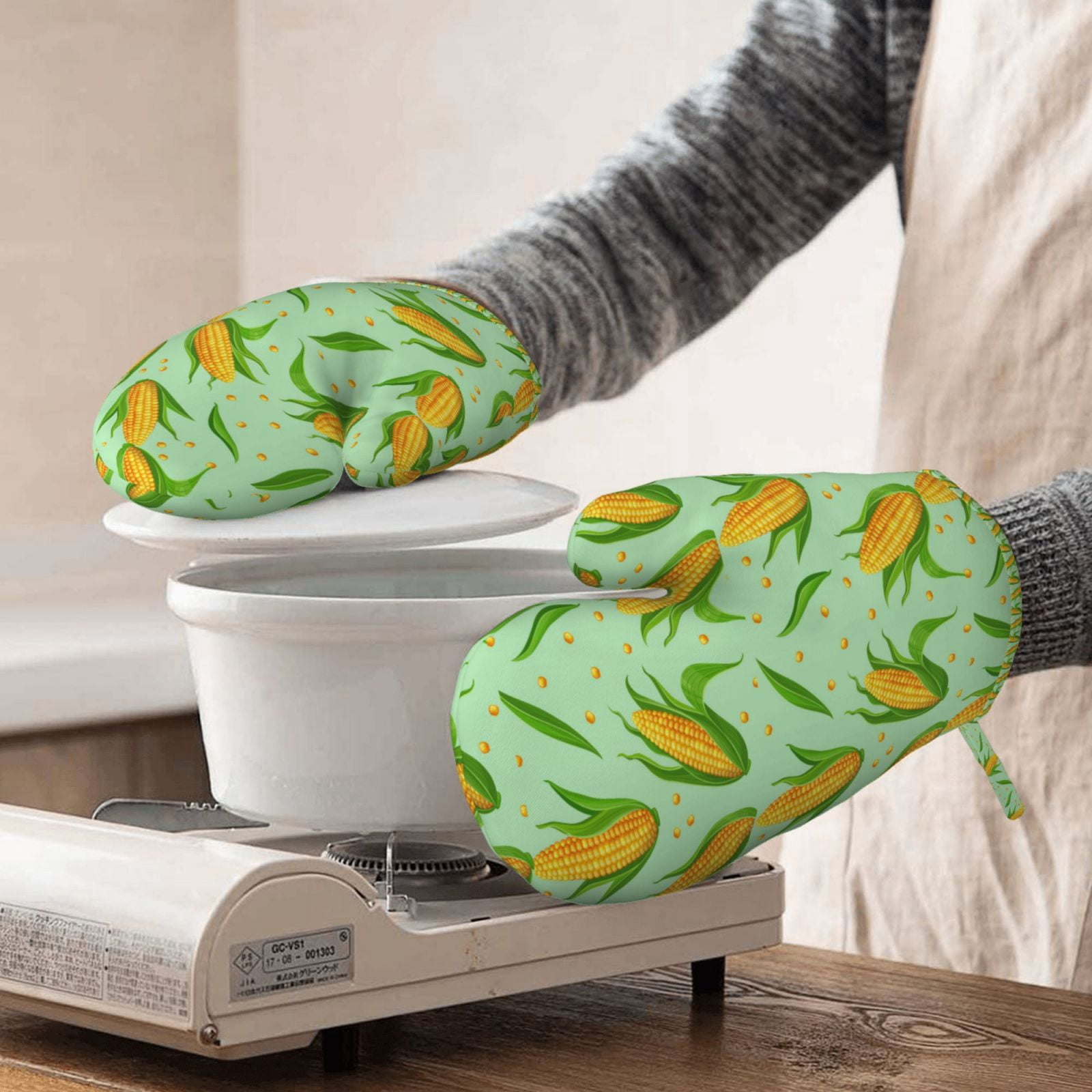 Hirioo Corn 7 for Silicone Oven Mitts for BBQ, Baking, Cooking, Set of 2, Heat Resistant 260℃, Non-Slip Kitchen Essentials