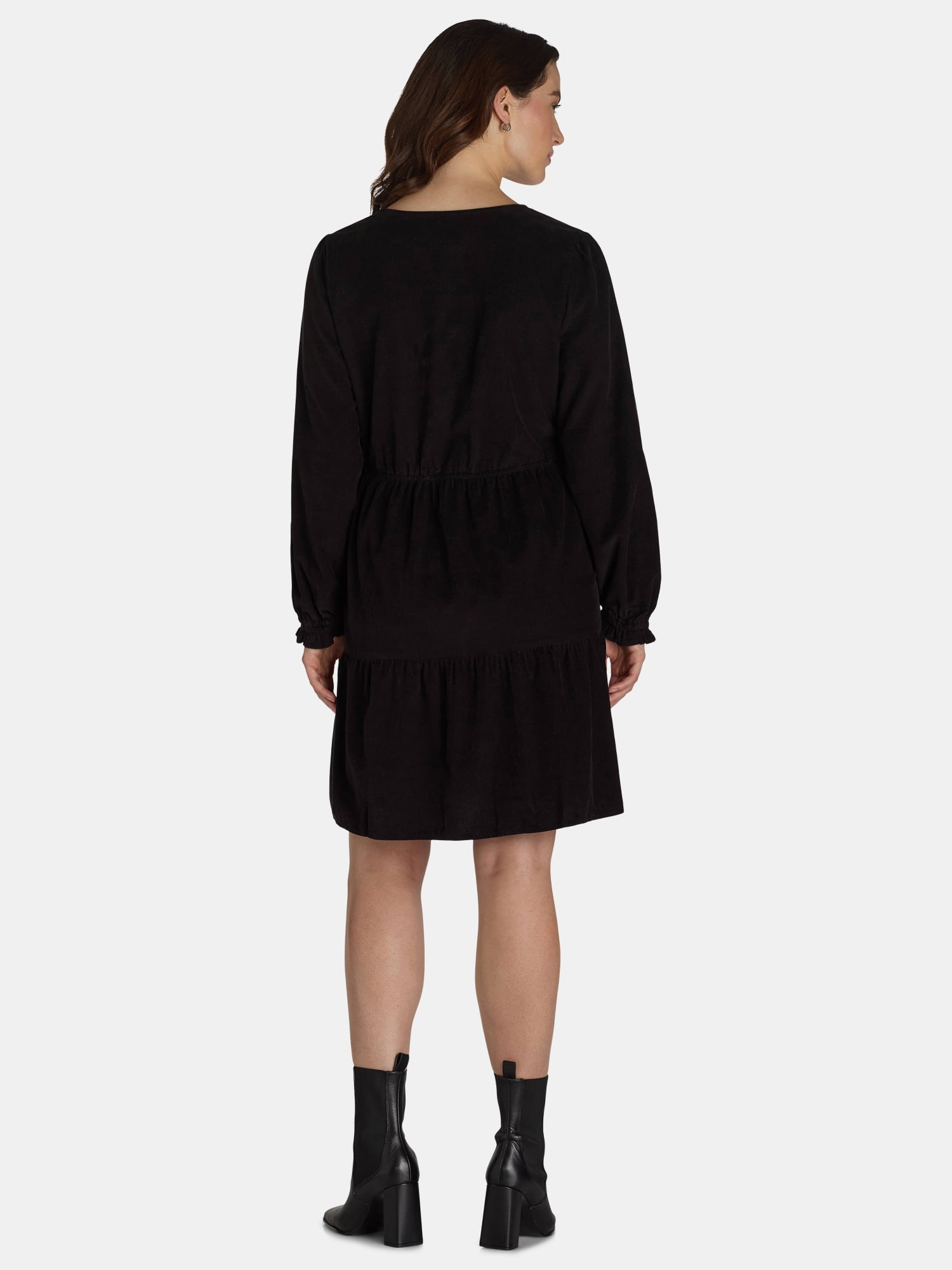 Time and Tru Women's Tiered Corduroy Dress with Long Sleeves, Sizes XS-XXXL