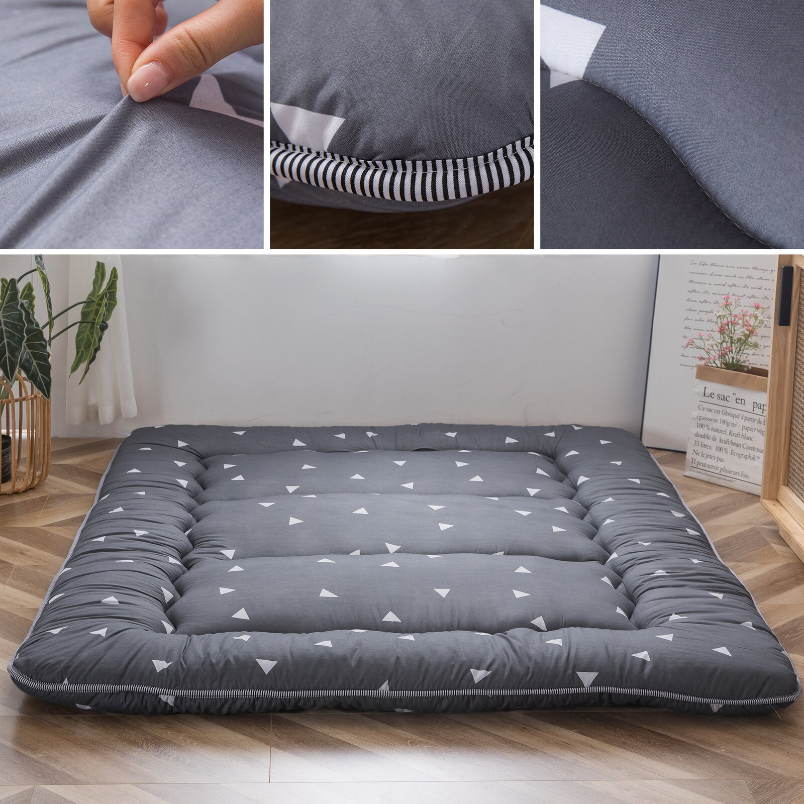 Grey Triangle Japanese Floor Futon Mattress, Tatami Floor Mat Full Size  with Mattress Protector Cover