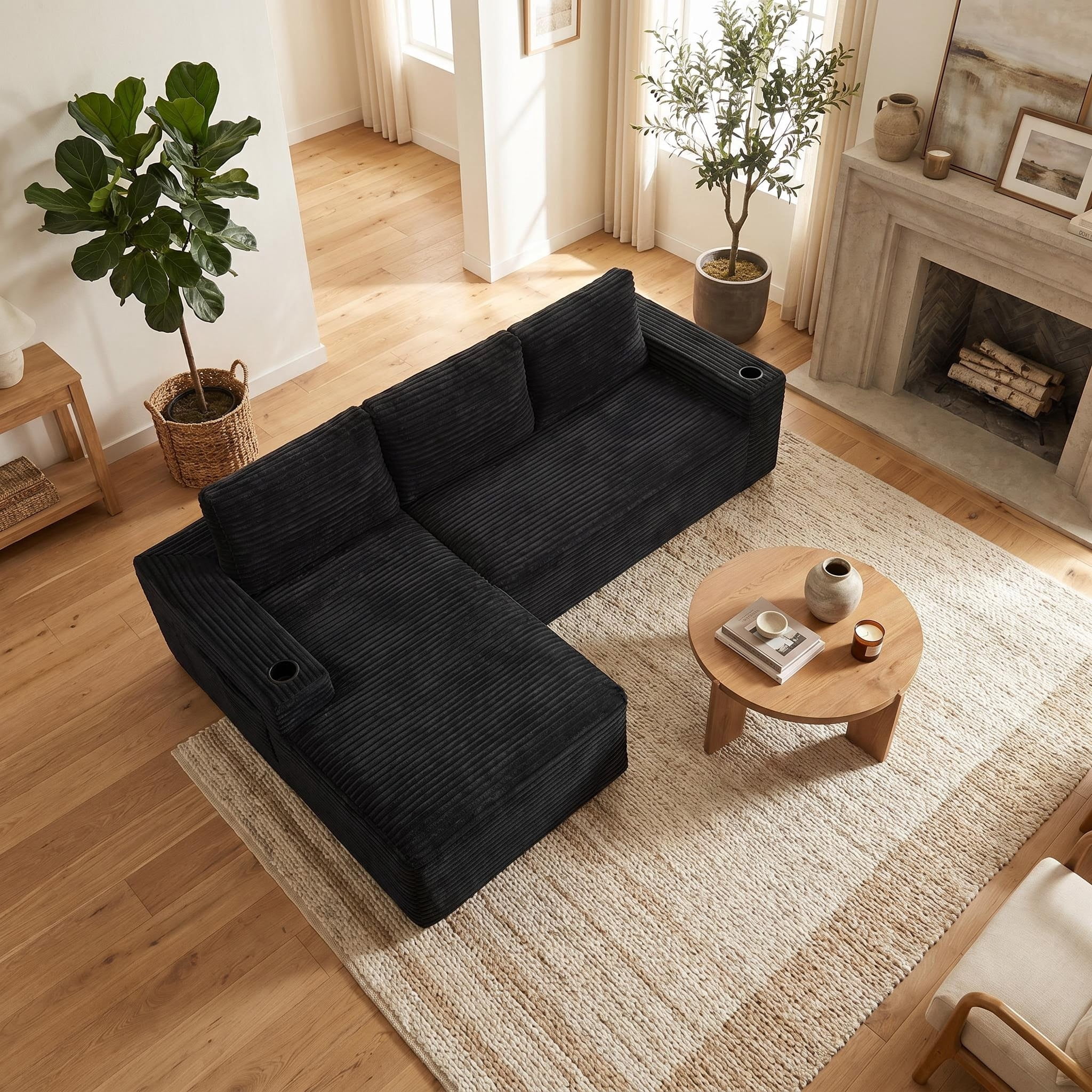AISWORD 104.3" L-Shaped Modular Sectional Sofa, Corduroy 4-Seater Cloud Couch with Cup Holders & Side Pockets, Boneless Upholstered Sofa, No Assembly, Black, Left-Facing Chaise