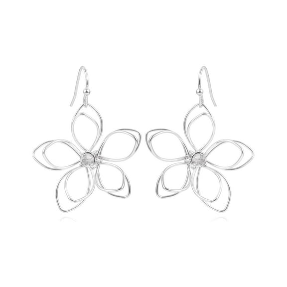 Time & True Women's Open Wire Imitation Rhodium 3D Metal Flower Fishhook Earring.
