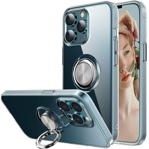 Case for iPhone 13 Pro Max, Clear Body Soft TPU Shockproof Case with 360 Degree Rotation Ring Kickstand(Work with Magnetic Car Mount) for iPhone 13 Pro Max 6.7 inch, Clear