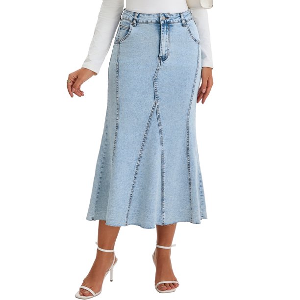 FALDA MAXI DE DENIM PARA MUJERES INSPIRE CHIC, CINTURA ALTA, AJUSTE CASUAL Y ACAMPANADA, FALDA LARGA DE JEAN XL AZUL CLARO
