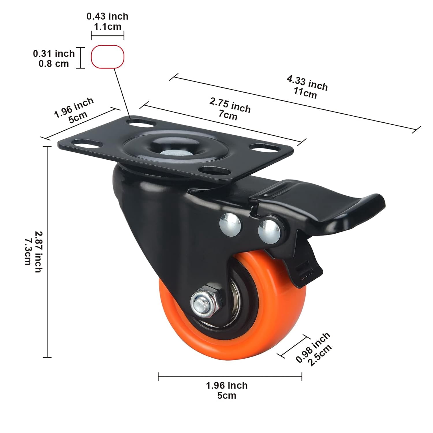 FRKSMD-2" Caster Wheels Set of 4, Heavy Duty Casters with Brake, No Noise Locking Casters with Orange Polyurethane (PU) Wheels, Swivel Plate Castors Pack of 4