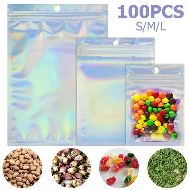 100 Pcs Sacs de Rangement Alimentaires Réutilisables Fermeture à Glissière Lock Pochette Plate en Aluminium Sacs Ziplock Refermables Sacs Hermétiques pour Bonbons Collations Bijoux