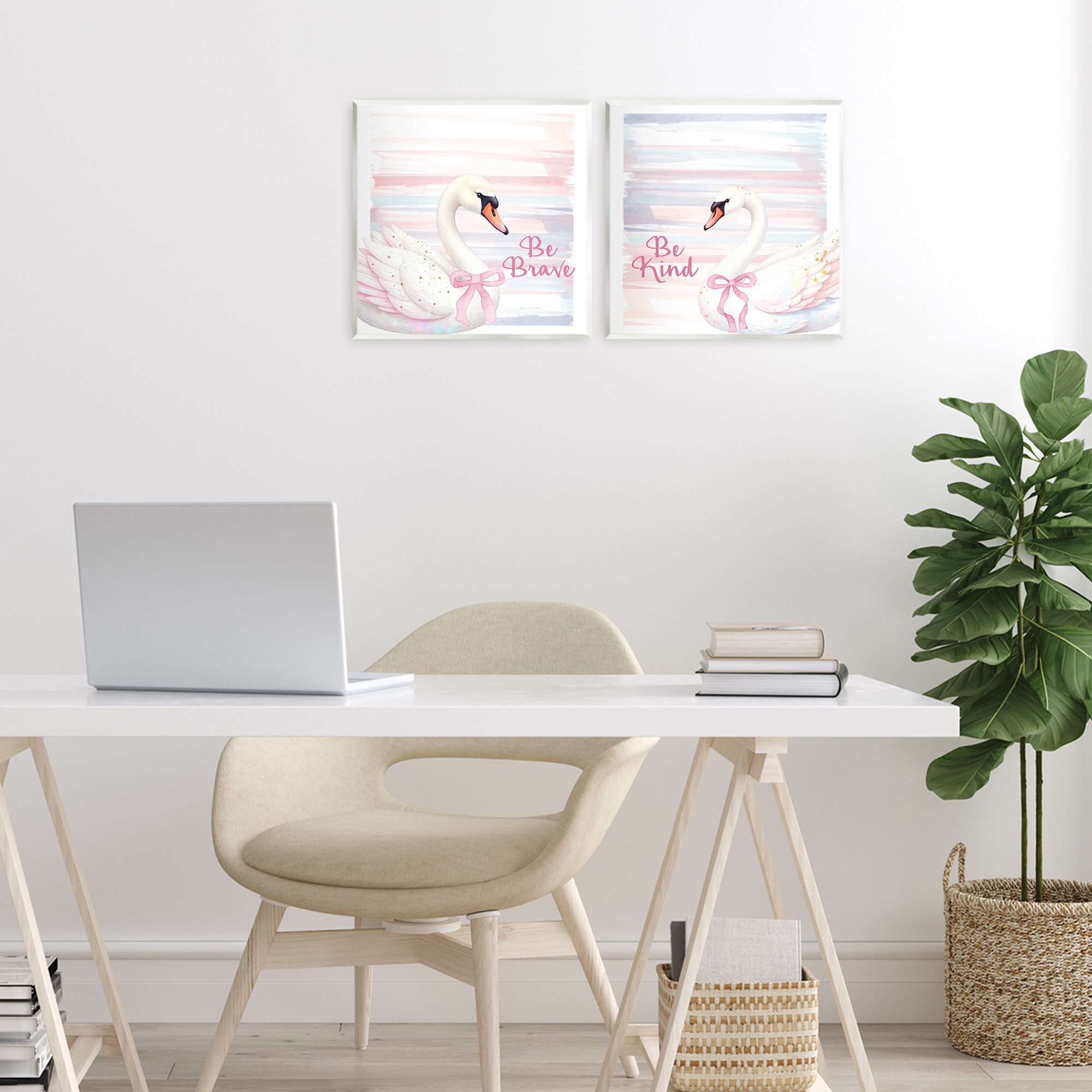 Be Brave & Kind Pastel Swan 2 Piece Wall Plaque Art Set, design by Kim Allen