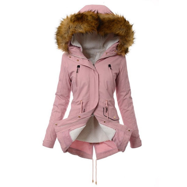Abrigo de algodón para mujer, más terciopelo, grueso, cálido, de algodón, con cuello de piel y capucha, para otoño e invierno, resistente al frío