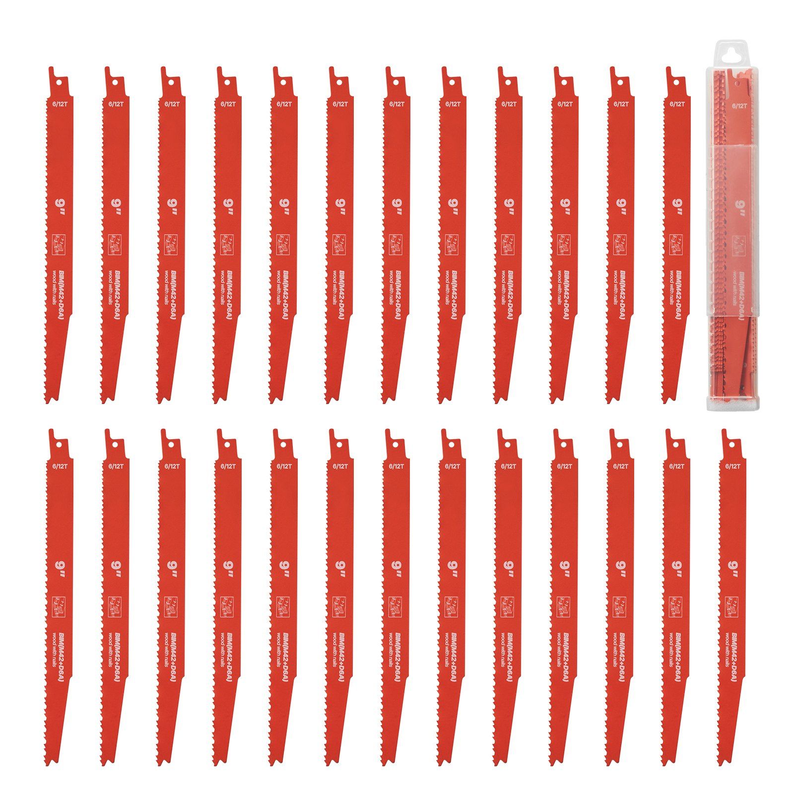 Reciprocating Saw Blades, 25 Pack, 6/12 TPI Bi-Metal Reciprocating Saw Blade Set with Universal Shank, Sharp Teeth for Fast and Smooth Cuts, for Wood and Nail-Embedded Wood Demolition, Orange
