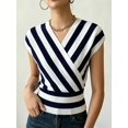 thumbnail image 4 of Women Tops Cap Sleeve Dressy Casual V Neck Stripe Shirts Summer Business Work Blouses Outfits White & Blue M, 4 of 9