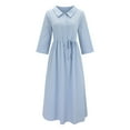 thumbnail image 4 of Dyfzdhu Cotton Linen Dresses for Women 2024 Summer Vintage Short Sleeve Flowy Beach Dress Collar V Neck Button Down Pleated Midi Dress Blue, 4 of 8