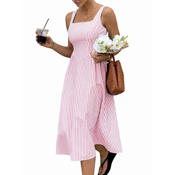 Women'S Maxi Striped Dress Summer Sleeveless Square Neck Smocked A Line Flowy Spring Vacation Sundress Pink S