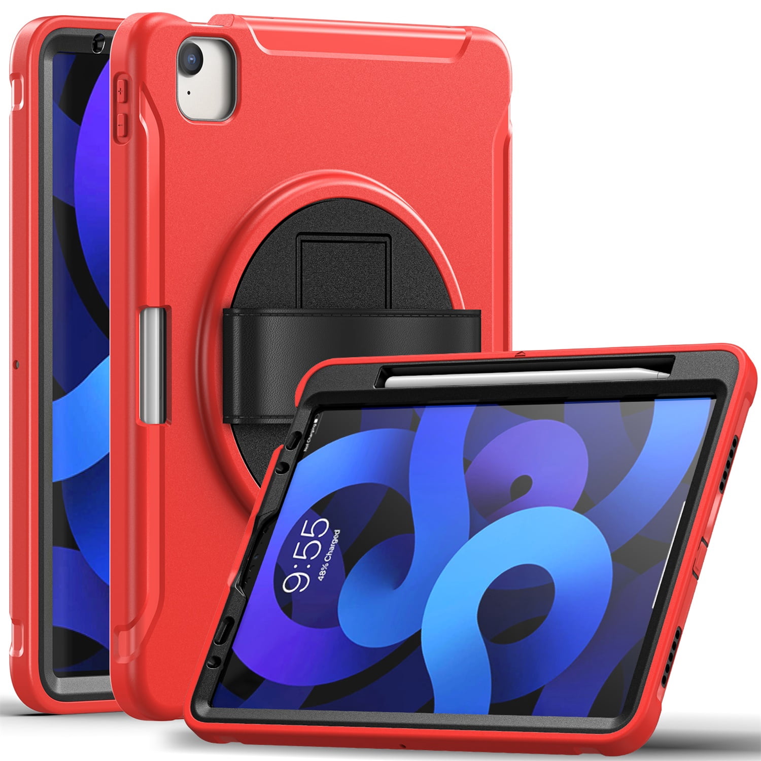 SaniMore for Apple iPad Air 11 2024 Case, 3 Layers Multi-Functional Case with Pencil Holder & Hand Strap Multi-Angle Kickstand Shockproof Protective Case for Women Men, Red