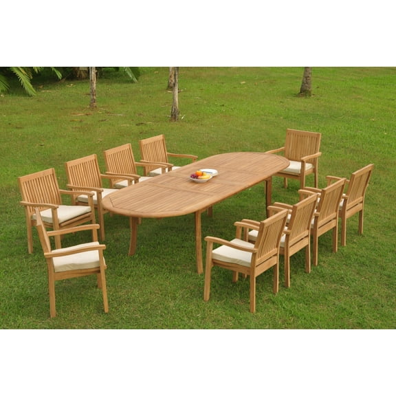 Grade-A Teak Dining Set: 10 Seater 11 Pc: 118" Double Extension Oval Table And 10 Leveb Stacking Arm Chairs Outdoor Patio WholesaleTeak #WMDSWVm