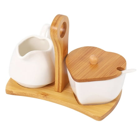 

and Creamer Set with Lid & Spoon Ceramic Cream Jug and with Wood Handle Coffee Serving Set