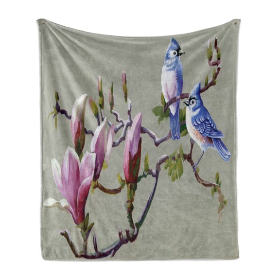 Magnolia Soft Flannel Fleece Throw Blanket, Waxwing Sparrow Birds Perching on Branches of Flower Tree Watercolor Technique, Cozy Plush for Indoor and Outdoor Use, 50" x 70", Multicolor, by Ambesonne