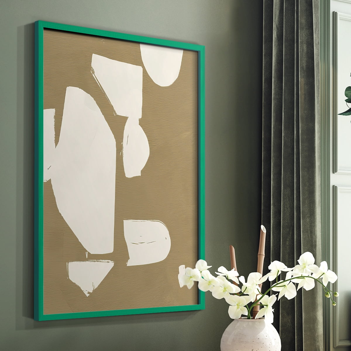 Chunky Abstract II Framed Print in Green Solid Wood Framed Print No Nail Hanging