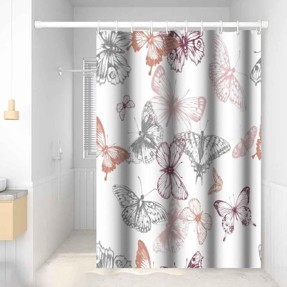Butterflies Shower Curtain for Bathroom Gray Purple Butterfly Fabric Stall RV Shower Curtains Waterproof 72x72inches Small Bathtub Shower Curtain with Hooks