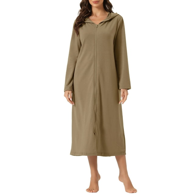 INSPIRE CHIC Bata de Noche con Cremallera para Mujeres, Bata Larga de Casa, Sudadera con Capucha de Manga Larga, Ropa de Estar en Casa con Bolsillos M Khaki