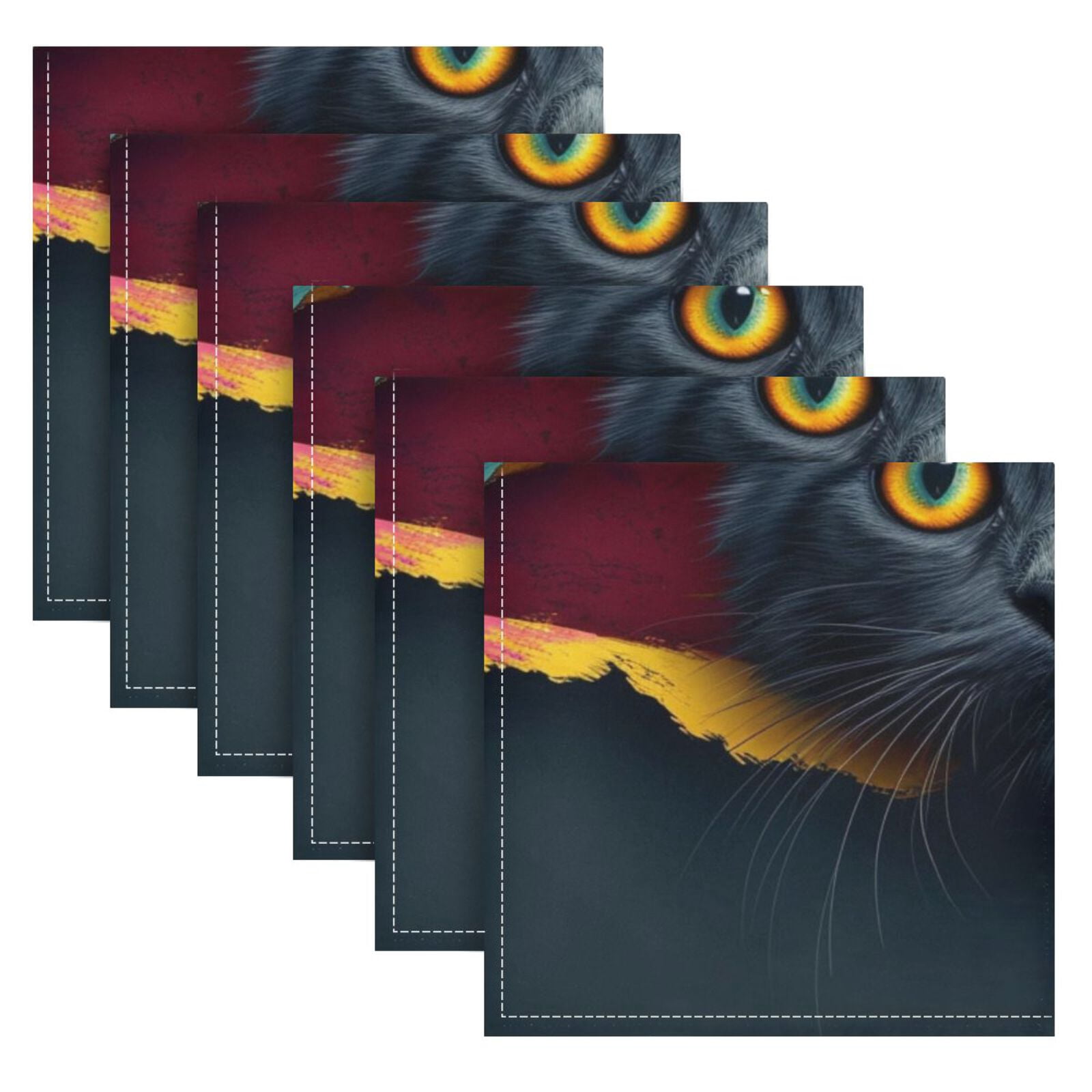 JSTEL 3d Black Cat Cloth Napkins Set of 6, 20x20 Inch Washable and Reusable Napkin for Decoupage Dinner Party Everyday Use