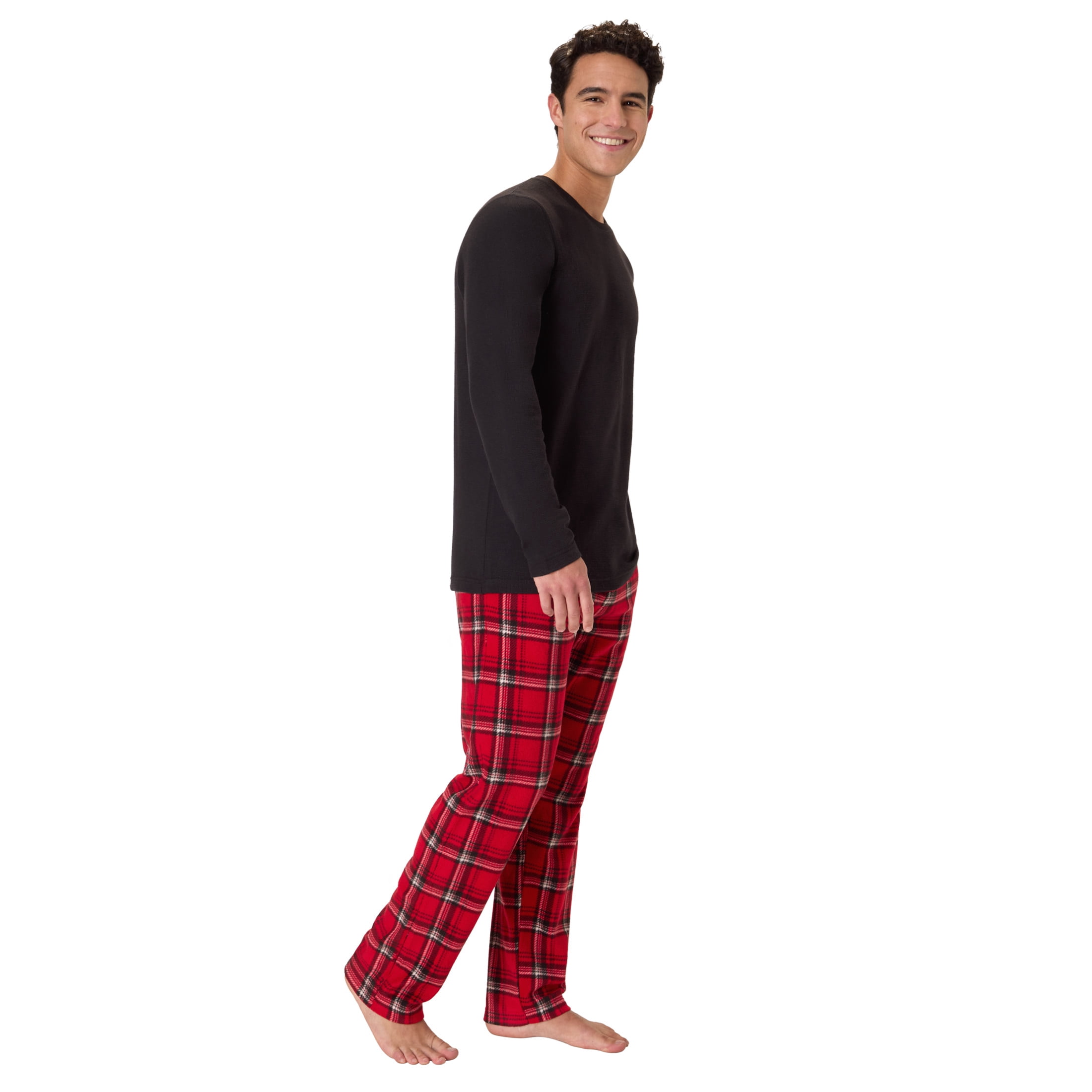 Hanes Men's Micro Fleece Sleep Set, Thermal Top with Plaid Printed Pants, Black & Red