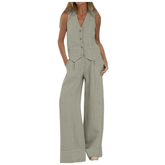 Likimi Two Piece Sets For Women Casual Button Down Sleeveless V Neck Solid Color Vest With Wide Leg Pants Outfit Set Green Size M
