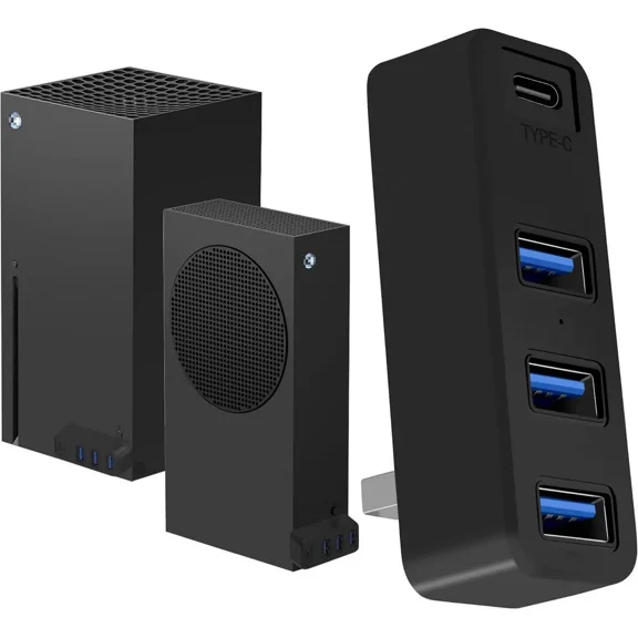 4 Ports USB Hub for Xbox Series X & S, USB Splitter Expansion Adapter with Type-C for External Hard Drives, Controller Charger, Keyboard, Mouse & More - Black
