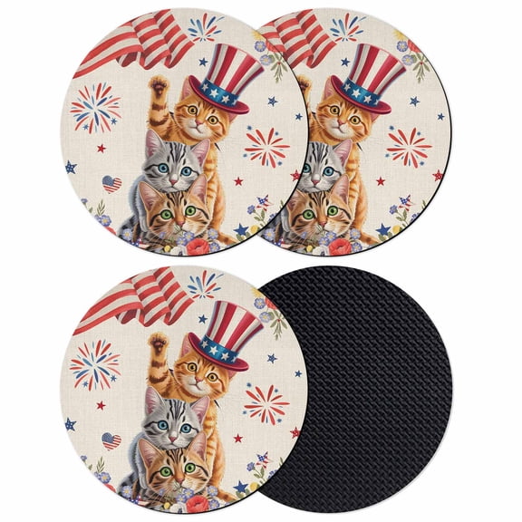 Independence Day Coasters Set of 4, Absorbent Coasters for Drinks, Cat Patriotic Flag Firework Flowers Coaster for Desk Coffee Table Protection, Home Decor House Warming Gifts 4"