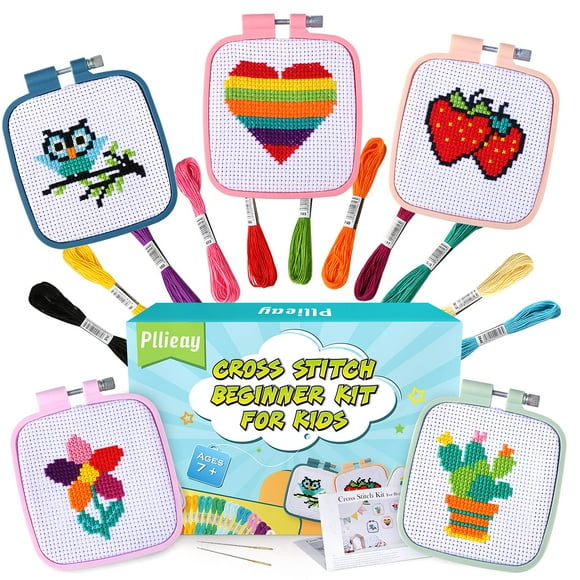 Kit de punto de cruz Pollieay para niños de 7 a 13 años con 5 patrones de proyectos