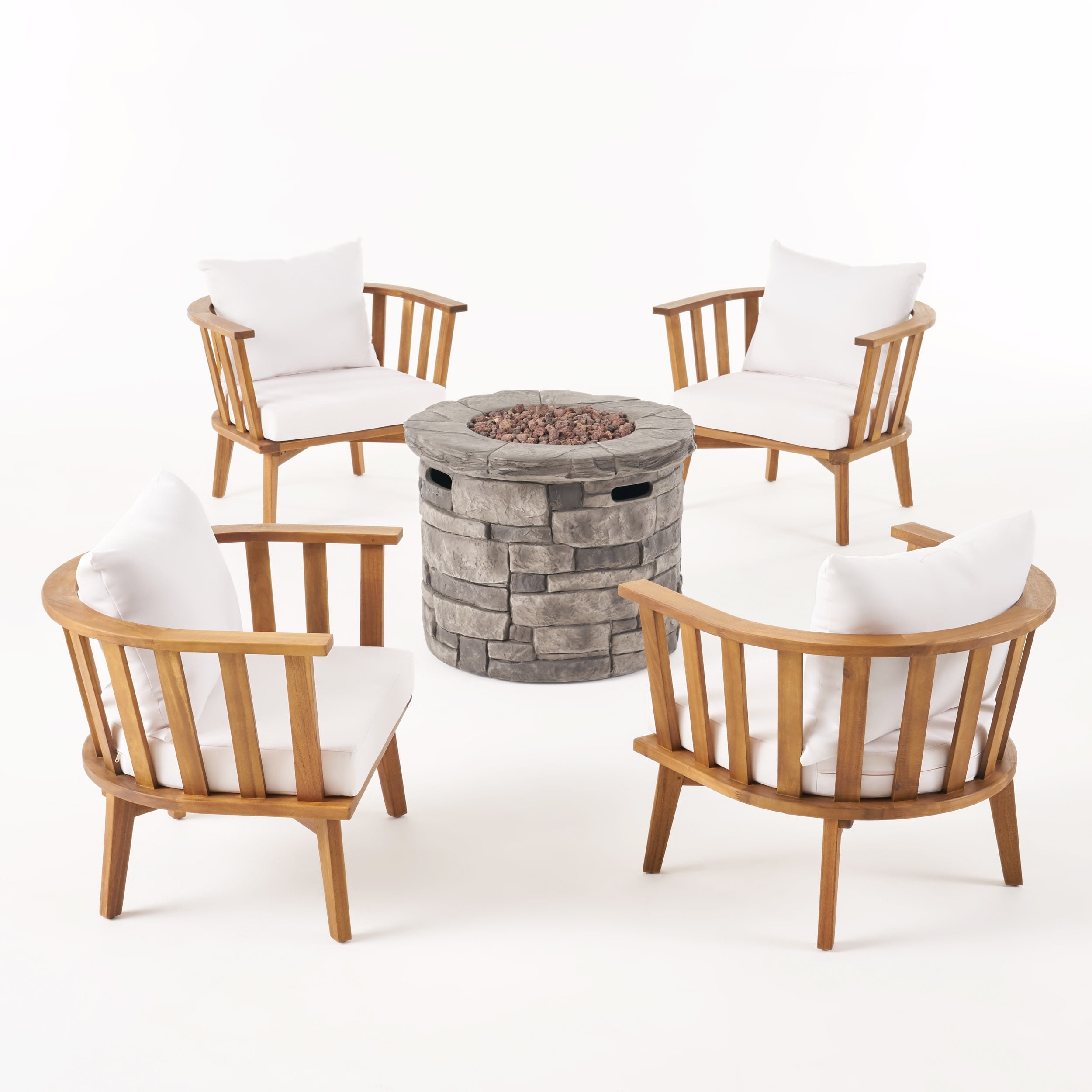Tinley Outdoor Acacia Wood 4 Seater Club Chairs and Fire Pit Set, Teak, Gray