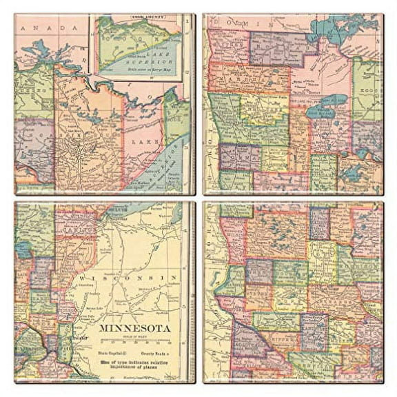 Minnesota Coaster of Vintage Map (Set of 4)