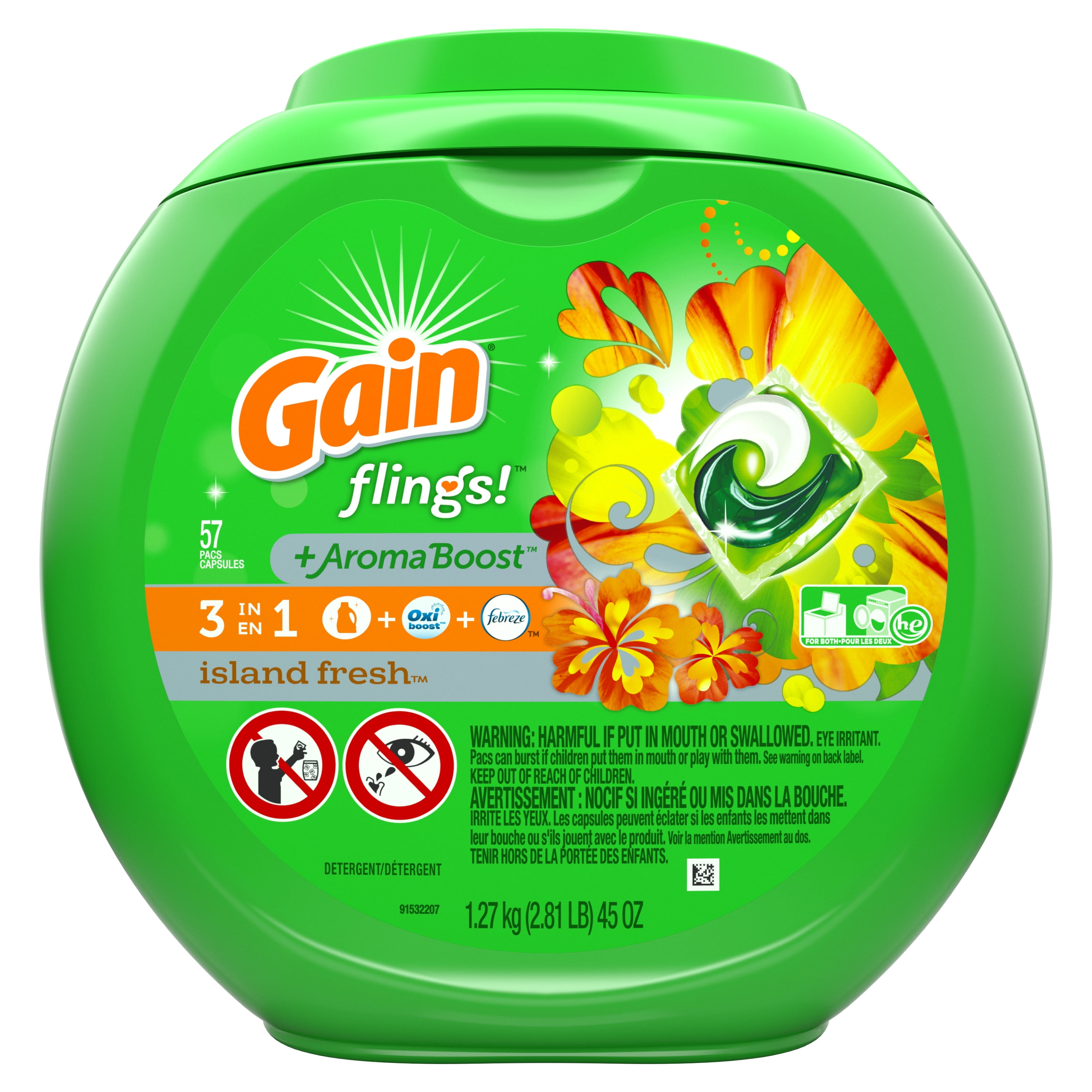 Gain flings! Laundry Detergent Pacs, Island Fresh, 57 count 45 oz