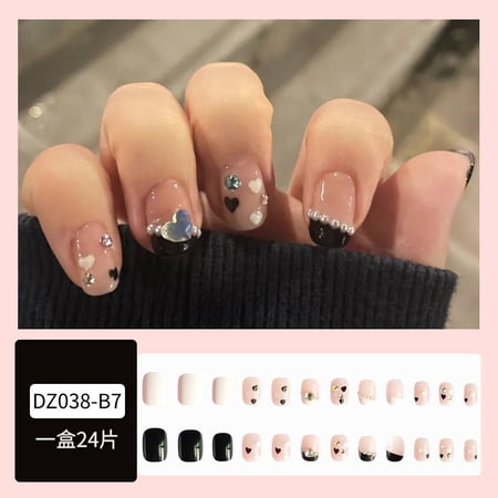 Naked pink black and white love diamond nail art, sweet and cool girl French wearing nail 24 pieces nail patch