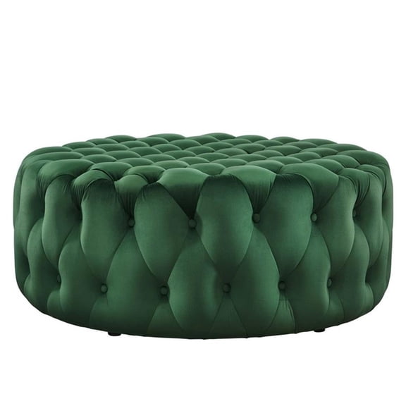 Pemberly Row Modern Button Tufted Round Velvet Ottoman in Emerald Green