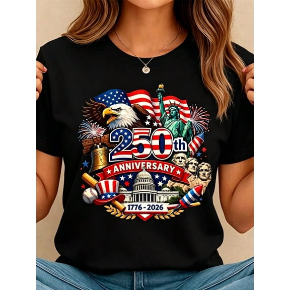Women's Crew Neck Summer Tee USA 250th Anniversary Patriotic Print Regular Fit Top