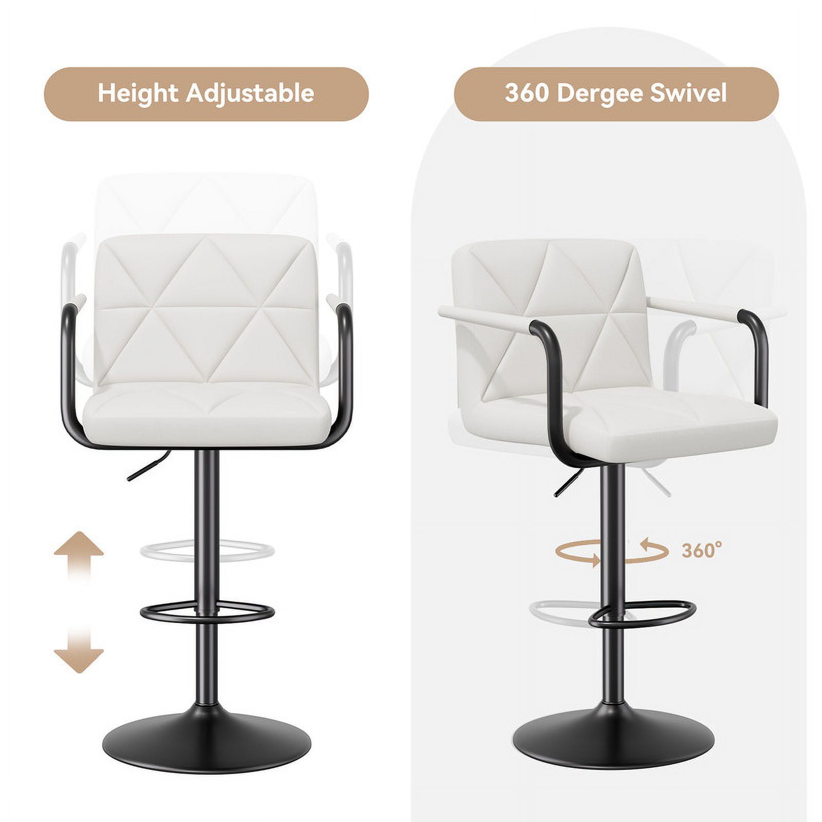 Hawsaiy Modern Bar Stools Set of 2, PU Leather Adjustable Swivel Bar Chairs with Armrests and Back, Hydraulic Counter Height Stools with Footrest for Kitchen Island, Dining Room, Bar, White