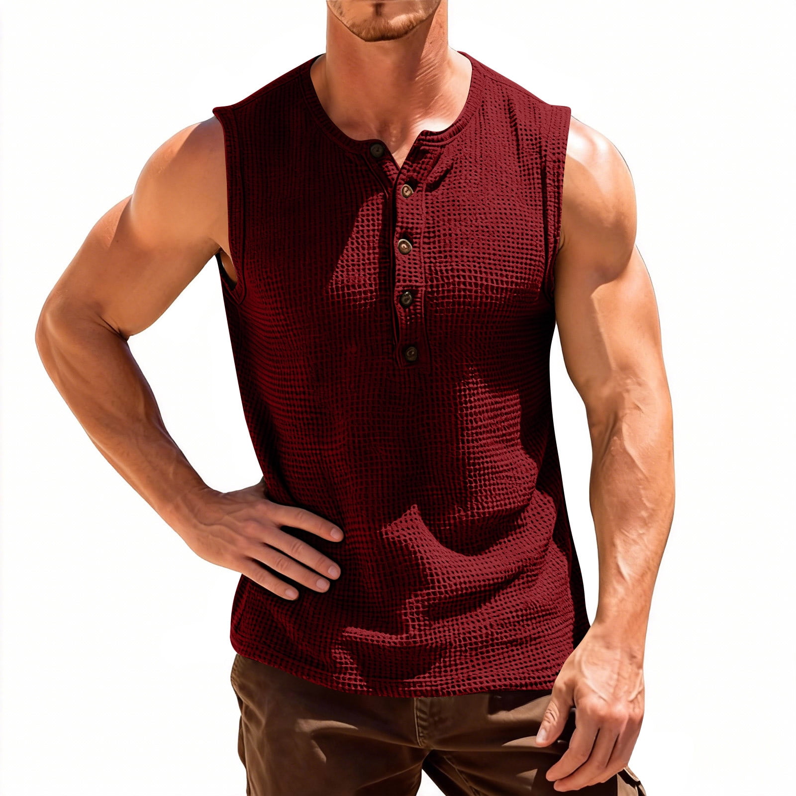 トップス ensou. sleeveless shirt sizeL ZCFZJW Men's Casual Waffle Knit Tank Top Henley Shirt Summer Beach