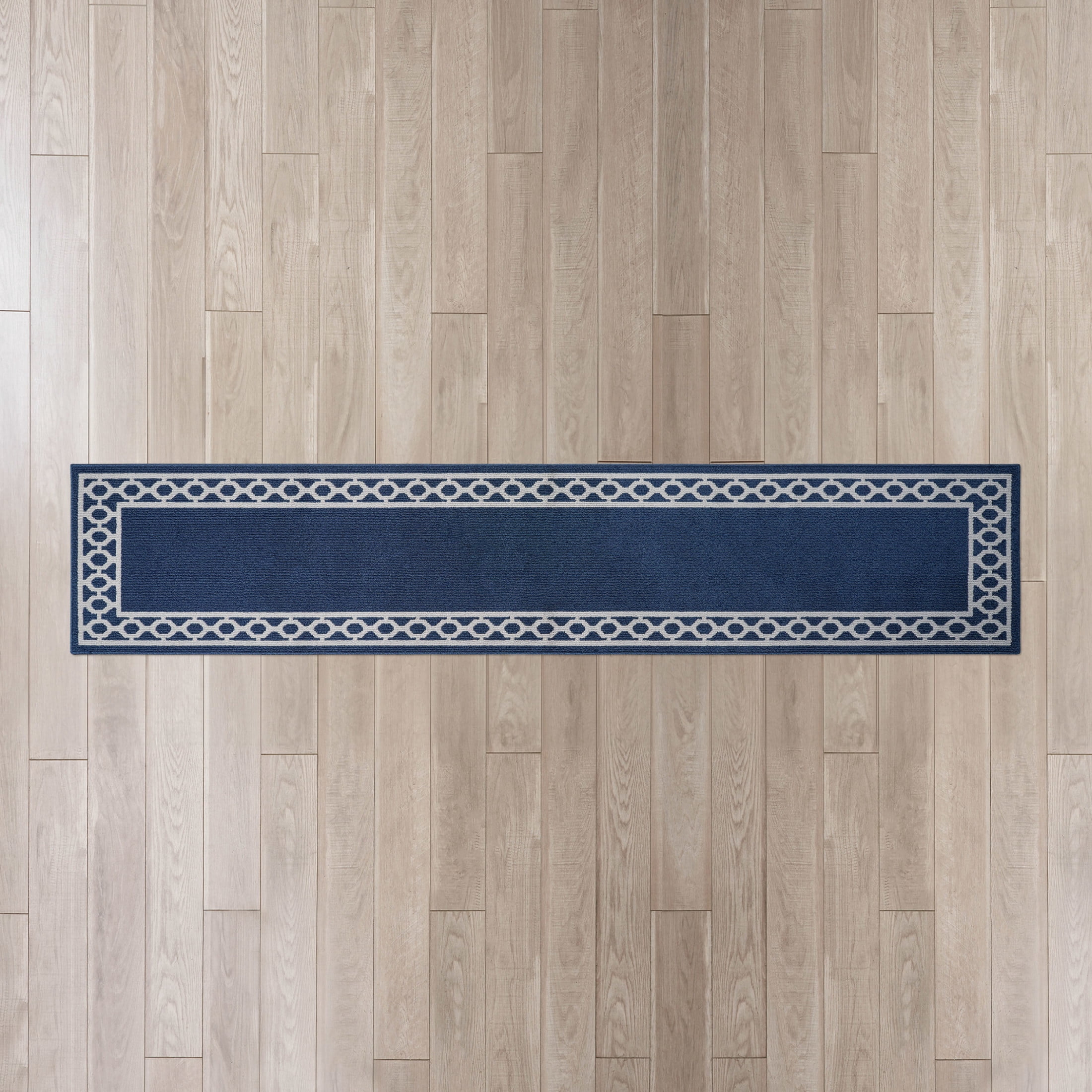 Washable Skid-Resistant Runner Rug, Trellis Border , Denim Twist and Light Grey , 30" x 144"
