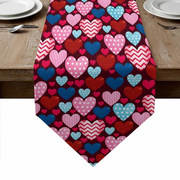 Valentines Day Table Runner Linen Burlap Table Runner 120 Inches Long Pink Blue Red Dots Striped Love Heart Dresser Scarves for Kitchen Island Coffee Dining Room Party Wedding Holiday Decor 13"x120"