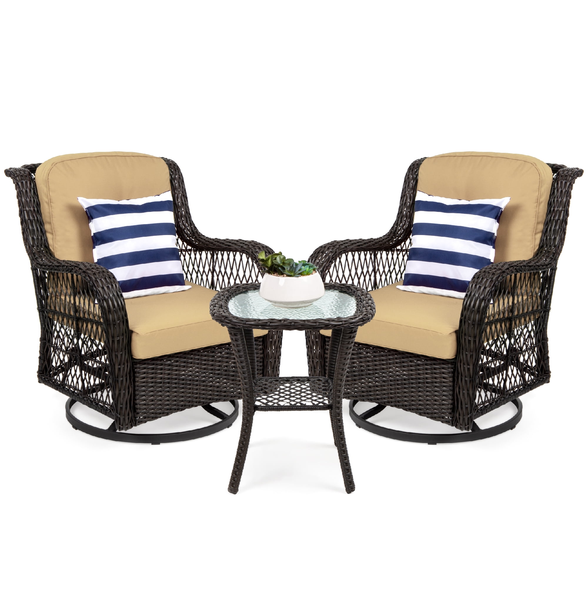 Best Choice Products 3-Piece Patio Wicker Bistro Furniture Set w/ 2 Cushioned Swivel Rocking 