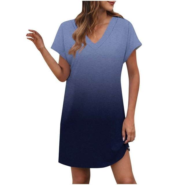 LOVZFMLL Robes d'Été pour Femmes T-Shirt Décontracté Ample Robe Droite Col en V Manches Courtes Basique Tenues Quotidiennes Bleu Ciel TTG