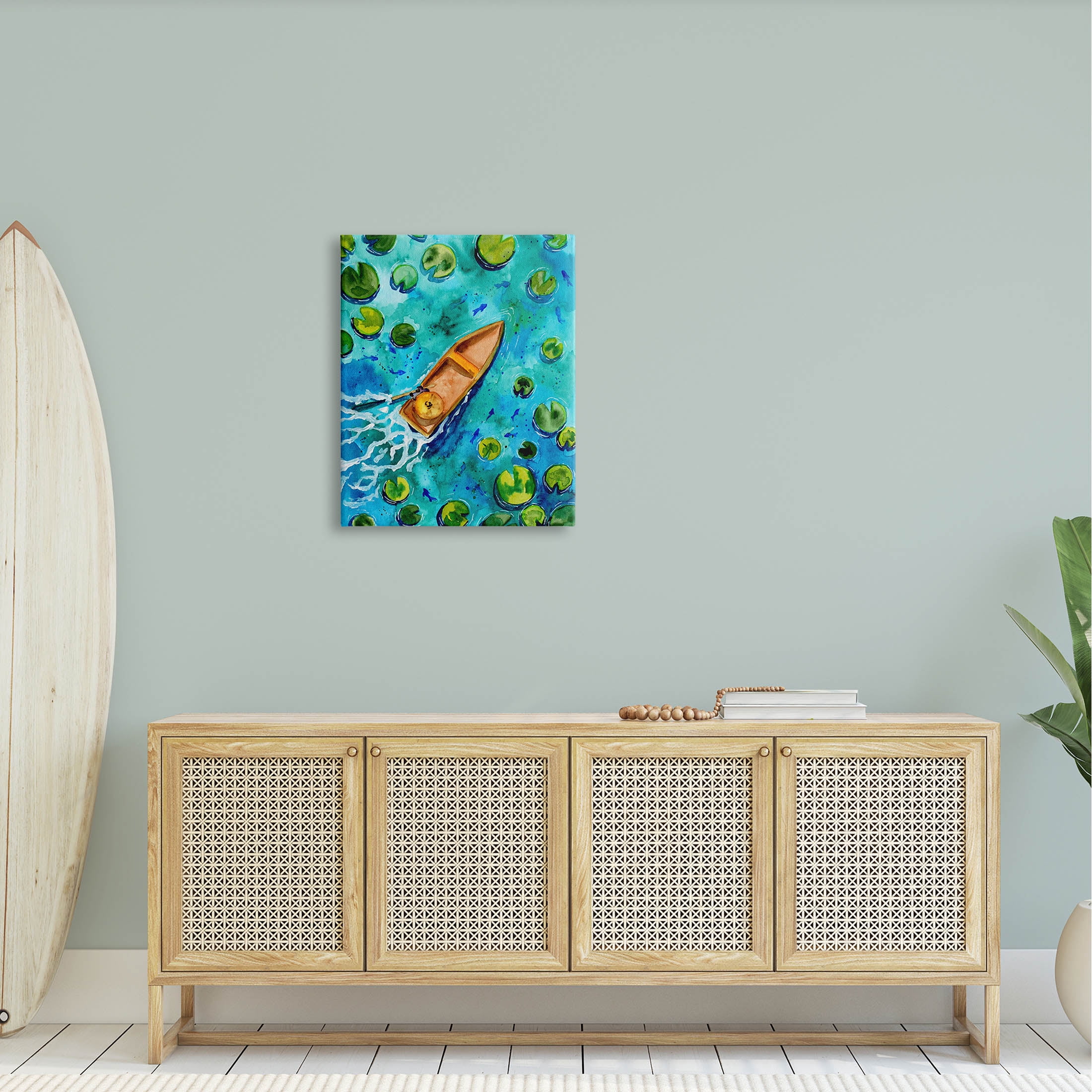 Pond Lilies Lake Boat Splash Transportation Painting Gallery Wrapped Canvas Print Wall Art