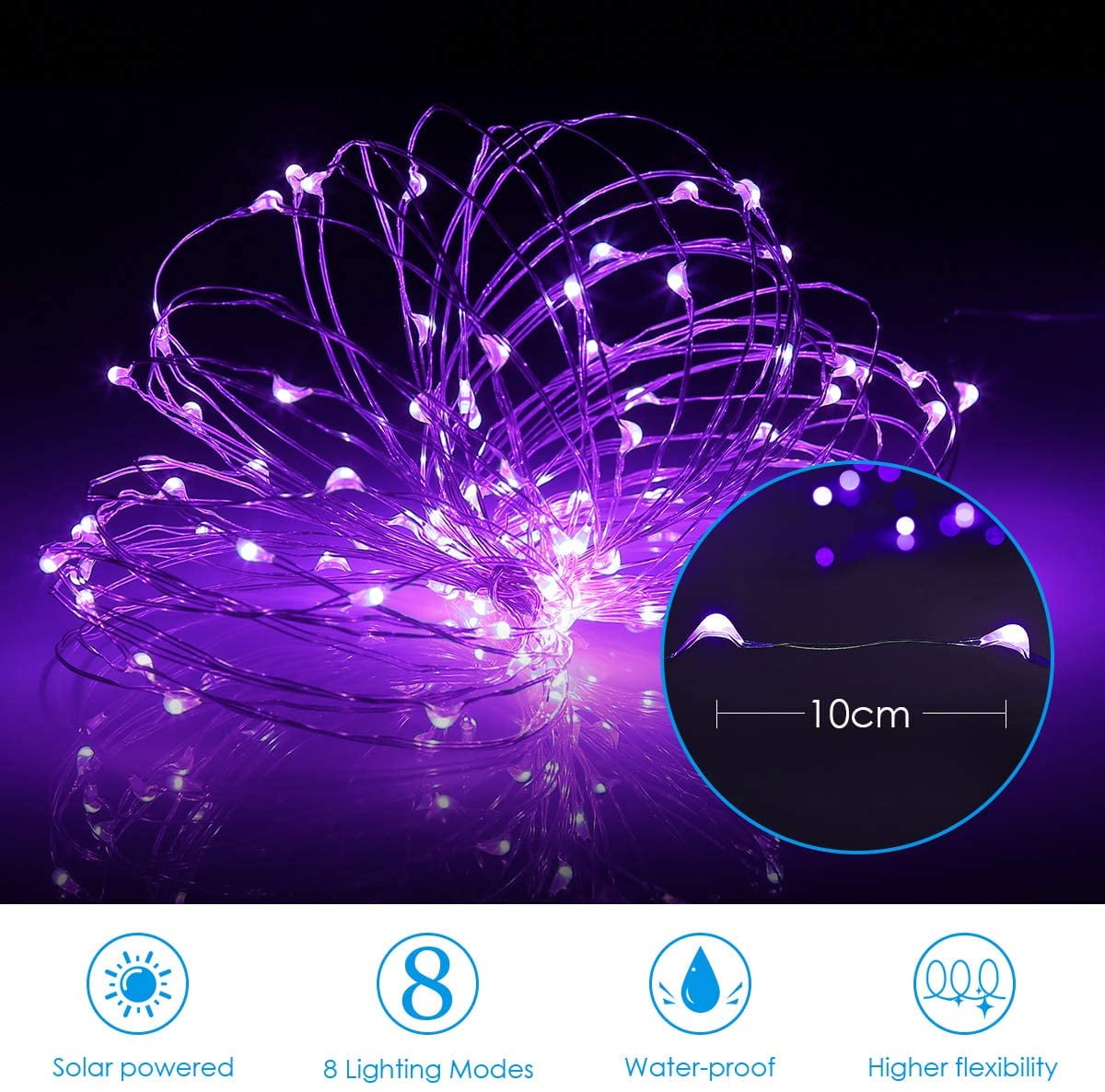 Solar String Lights, 100 LED Solar Fairy Lights 33 feet 8 Modes Silver Wire Lights Waterproof Outdoor String Lights for Garden Patio Gate Yard Party Wedding Indoor Bedroom Purple
