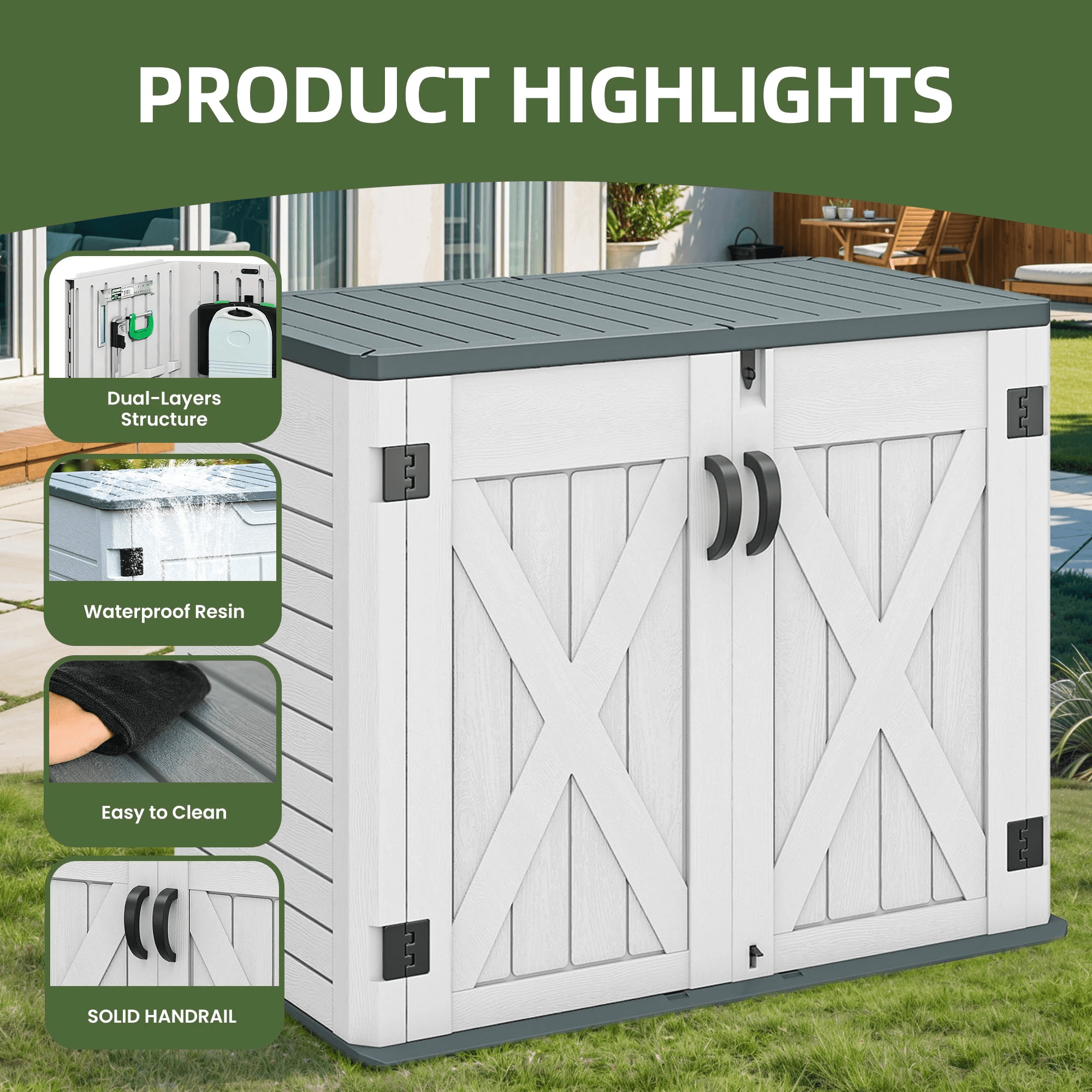 Uforic Outdoor Horizontal Storage Shed with X-Shaped Lockable Door, 35 Cu Ft Weather Resistant Resin Tool Shed, Light Gray