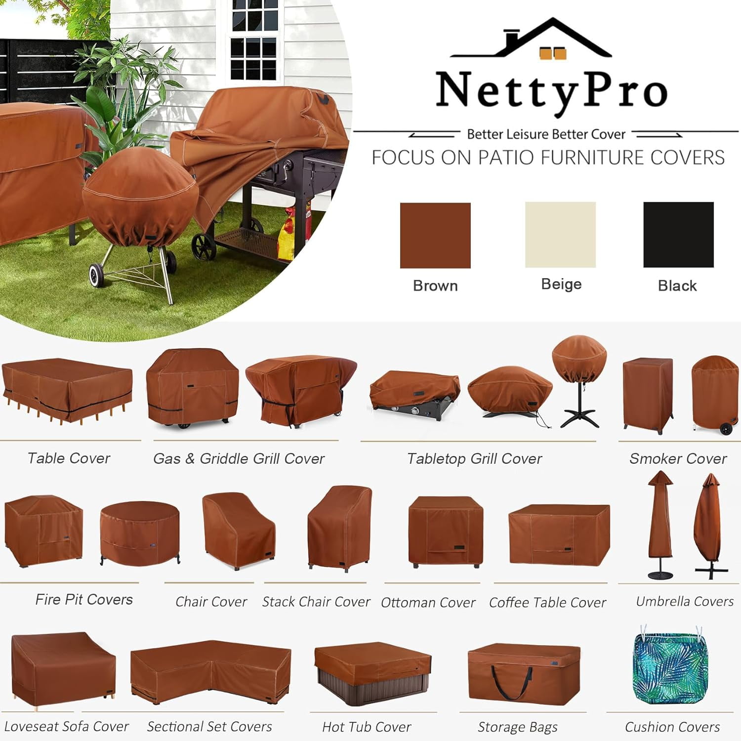 Outdoor BBQ Grill Cover 60 Inch 3-4 Burner Waterproof Heavy Duty Patio Barbecue Cover for Weber, Char-Broil, Brinkmann, Jenn Air, Nexgrill Grills and More, Brown