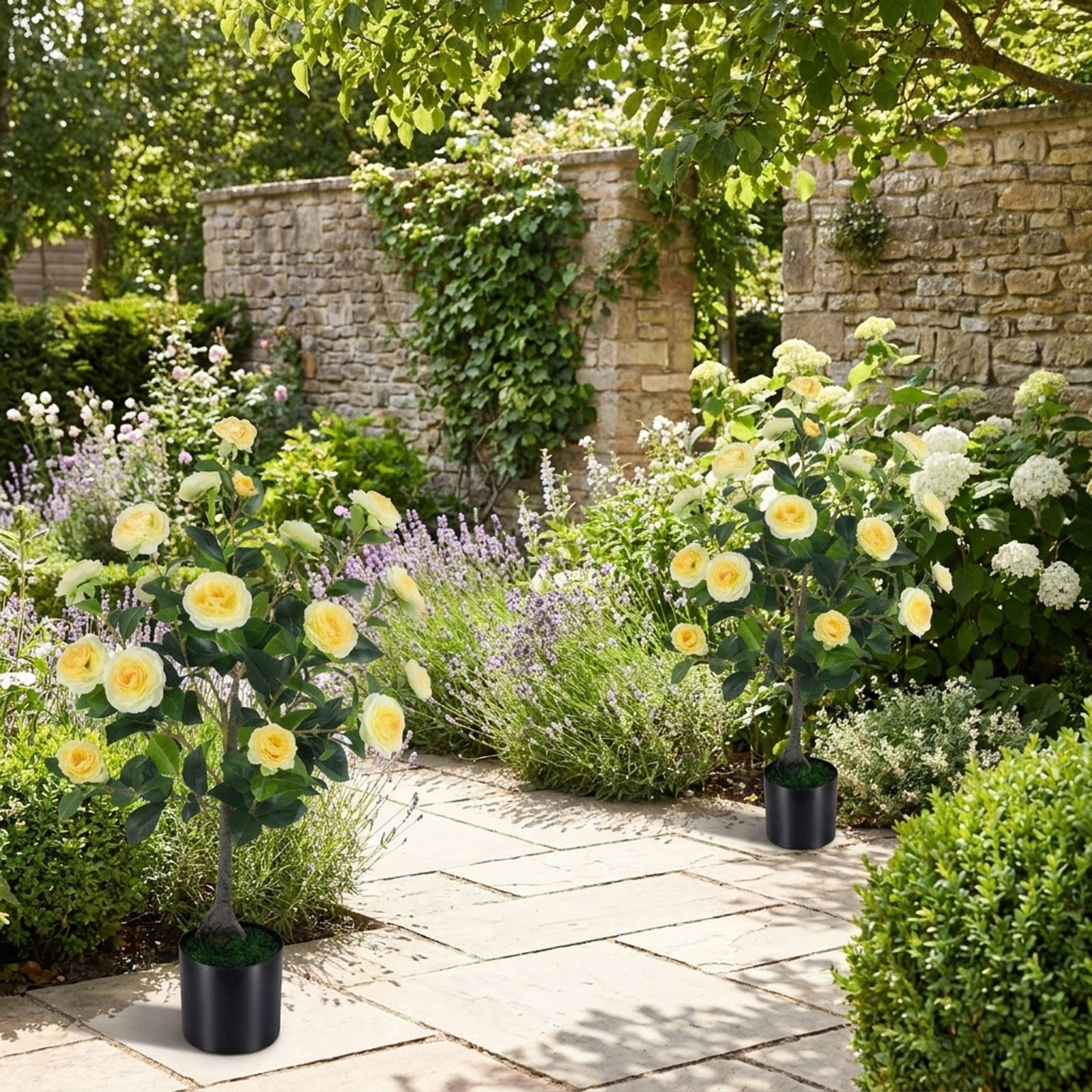 Vebreda Artificial Plant Decor, Artificial Camellia Tree Faux Flower Plant in Cement-Filled Pot, Lifelike & Elegant Design, Selected PE Materials