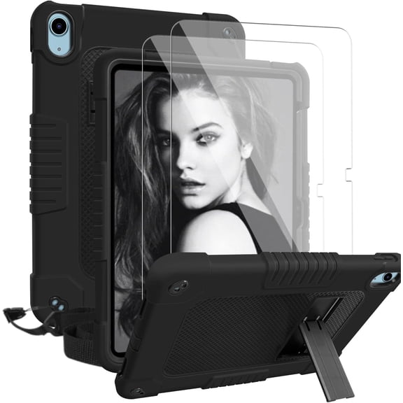 SOATUTO Case for iPad (A16) 11th Generation 11-inch 2025, iPad 10th Generation 10.9-inch 2022, with 2PCS Screen Protector and Kickstand, Rugged Full Body Protective Cover, Black 2PCS Glass