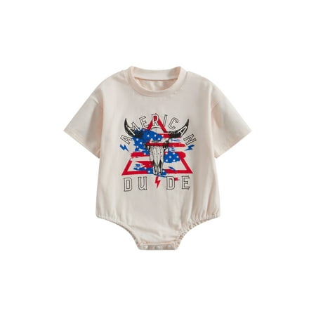 

jaweiwi Baby Toddler Boys Girls Summer Romper for 4th of July Short Sleeve O Neck Letter/Cattle Head Print Jumpsuit